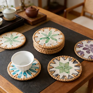 Sous-verre en rotin et nacre pour tasse à thé, 300 mm, style bohème avec motif floral, pour tasse à thé, mug, décoration de table - Product Image 3