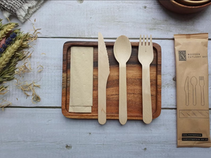 Juego de Cubiertos Desechables de Madera, Cuchillo, Tenedor, Cuchara y Servilleta de 16 cm, Envueltos Individualmente, 16 Unidades - Product Image 2