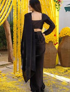 Sari Negro Plisado Pre-Drapeado |   Elegante Saree Brillante Listo para Usar con Pallu de Diseñador |   Sari fruncido para fiesta de noche de verano - Product Image 6