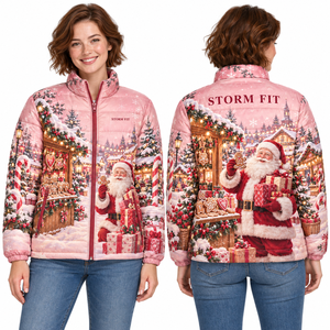 Chaqueta acolchada navideña azul de Papá Noel para mujer, con tela satinada, estampado por sublimación, cremallera frontal. - Product Image 5