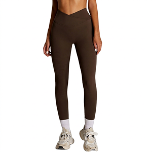 High Waist Cross Waist Yoga <b>Leggings</b> Full Length Solid <b>Brown</b> Spandex/Nylon Four-Way Stretch Elastic Waist Breathable Plus Size - Product Image 3