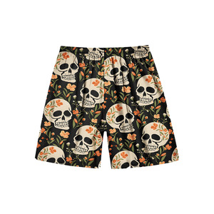 <b>Skull</b> Floral Print Bermuda Shorts Elastic Waist Casual Summer Board Shorts Digital Printing Polyester Fabric - Product Image 2