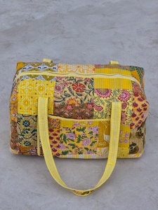 Handmade Floral Patchwork Duffel <b>Bag</b> <b>Yellow</b> Large Capacity Travel Weekender Textile Zipper Closure - Product Image 5