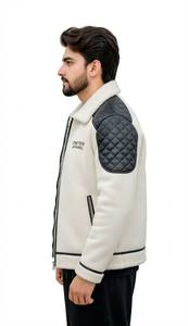 ONETEN APPAREL <b>Men</b> Streetwear Color Block Fleece Zip-Up Quilted Leather <b>Jacket</b> with Turn-Down Collar Winter OEM Service - Product Image 2