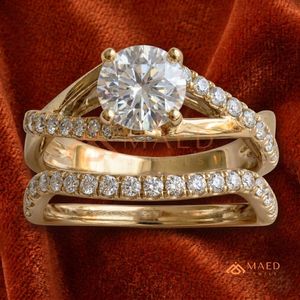 Luxury 14K <b>Gold</b> Plated Bridal <b>Ring</b> <b>Set</b> - Round Cut CZ Twisted Engagement <b>Ring</b> with Pave Wedding Band - Product Image 3