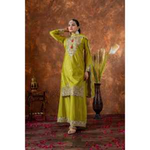 Conjuntos de diseñador para mujer Pure Chinon Silk Top Plazzo Dupatta para ropa de fiesta - Product Image 5