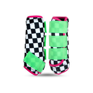 Checkered Nylon Horse Leg Boots with Green Straps and Pink Trim - Product Image 1