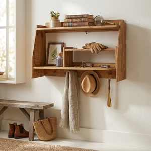 Étagère murale en bois asymétrique à niveaux, présentoir avec crochets de suspension inférieurs, organisateur flottant pour entrée et cuisine - Product Image 3