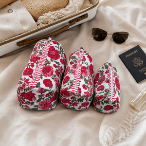 Luxury Red Rose Print 3 Piece Quilted Makeup Pouch Set Cotton Cosmetic <b>Bags</b> for Women Travel <b>Vanity</b> Toiletry Organizer Gift Set - Product Image 2