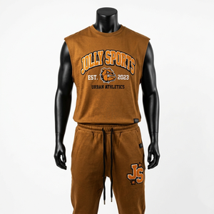 200 GSM Premium Cotton Sleeveless T Shirt Jogger <b>Pants</b> Set Brown Soft Cotton Screen Print Custom Logo T shirt and <b>pant</b> men's - Product Image 5