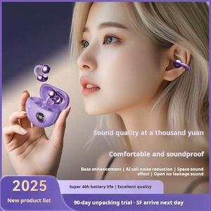 Audífonos Inalámbricos TWS con Clip para Oreja, Logotipo ODM/OEM, Pantalla Digital, Refuerzo de Bajos, Reducción de Ruido con IA, Color Morado - Product Image 1