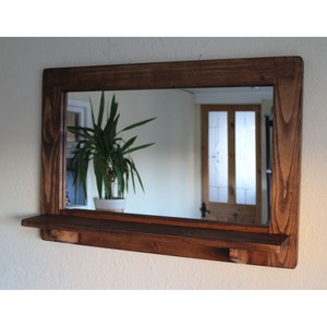 Oak Wood <b>Wall</b> <b>Mirror</b> with Shelves 48x30 in Handcrafted Rustic Modern India Mudroom Bathroom Wholesale OEM - Product Image 2