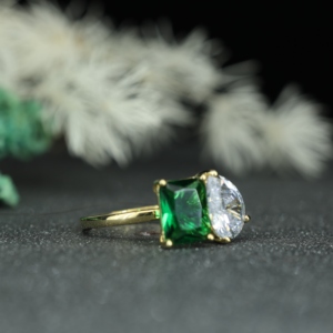 Luxury <b>Emerald</b> Cut Green Stone & Pear Cut Moissanite <b>Ring</b> 925 Sterling <b>Silver</b> Two Stone <b>Ring</b> Women Custom Jewelry Wholesale - Product Image 4