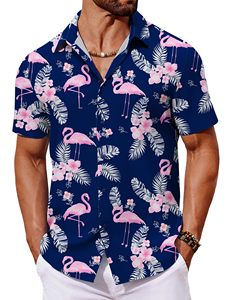 Chemises de plage élégantes pour hommes, mode estivale, imprimées, hawaïennes, décontractées, en coton et lin, à manches courtes, boutonnées, pour les vacances - Product Image 1