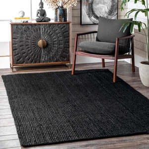 Handcrafted Black Square Jute <b>Rug</b> Braided Natural Fiber Carpet <b>Boho</b> Farmhouse Floor Mat For Living Room - Product Image 1