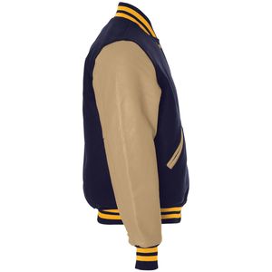 Men's High Quality Baseball Jacket with Leather Sleeves & Lettering <b>Covered</b> <b>Button</b> Closure - Product Image 5