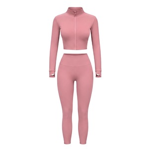 <b>Women</b> Eco-Friendly Solid Two Piece Workout Set Full Zipper Front Seamless Breathable Sports <b>Jacket</b> High Waisted Leggings Gym - Product Image 3