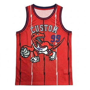 Maillot de basket-ball personnalisé imprimé avec dinosaures, nom et numéro personnalisés, débardeur de sport en maille, uniforme d'équipe rouge sans manches, séchage rapide - Product Image 1