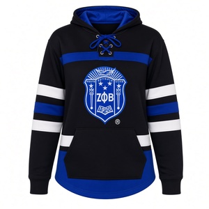 Sweat-shirt à capuche unisexe noir style hockey Zeta Phi Beta avec patch brodé en forme de bouclier, capuche doublée bleue, col à lacets, manches rayées - Product Image 1