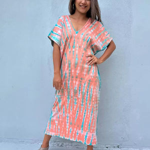 Robe Kaftan Tie-Dye Orange et Vert, Caftan Marocain, Robe T-shirt de Salon - Product Image 1