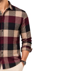 Chemise à manches longues pour homme en coton à carreaux Buffalo bordeaux, noir et beige, décontractée, boutonnée, personnalisable, vente en gros - Product Image 4