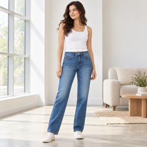 Jeans de Mezclilla de Pierna Recta y Cintura Media para Mujer con Cierre Oculto y Bolsillo para Monedas - Azul Medio - Product Image 5