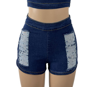 Women <b>High</b> <b>Waist</b> Denim <b>Shorts</b> Distressed Ripped Design Elastic <b>Waist</b> Casual Style Solid Color Blue <b>Jean</b> streetwear <b>shorts</b> - Product Image 1