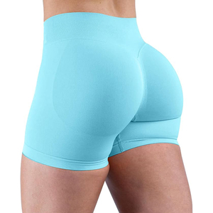 Shorts de Yoga Acanalados Azul Claro de Cintura Alta Sin Costuras para Mujer, Elásticos en Cuatro Direcciones, Ecológicos, de Spandex/Nylon, para Gimnasio y Entrenamiento - Product Image 4