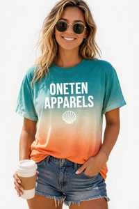 Camiseta de Verano para Mujer, Color Verde Azulado y Naranja, Manga Corta, Cuello Redondo, Corte Holgado, Informal, de Algodón Transpirable, con Logotipo - Product Image 1