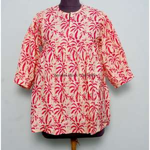 Vestido informal de verano vintage para mujer, de algodón puro, con estampado de palmeras, manga abullonada, cuello en V, estilo túnica natural. - Product Image 1