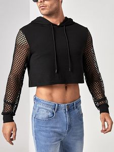 <b>Fishnet</b> Mesh Long Sleeve Drawstring Crop Hoodie Sweatshirt Pullover - Product Image 2