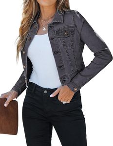Veste en jean ciré à col rabattu, fermeture boutonnée, manches classiques, couleur unie, coupe ajustée, longueur courte, style décontracté automne - Product Image 1