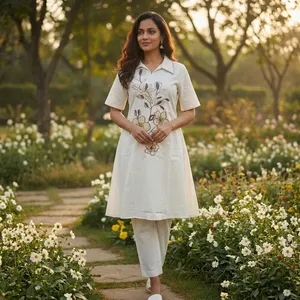 Ensemble Kurta brodé blanc pour femmes, imprimé floral, haut à manches courtes, pantalon assorti, tenue d'été décontractée et élégante, ethnique - Product Image 1
