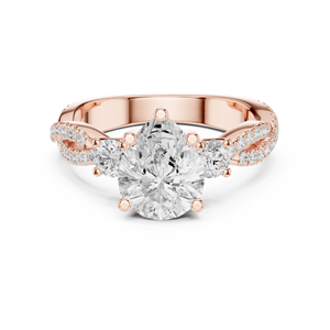 Bague de fiançailles en or rose avec diamants de laboratoire taille trilène et ronds, pavé torsadé, trois pierres, pour femme - Product Image 2