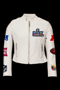 เสื้อแจ็คเก็ตมอเตอร์ไซค์หนังแท้สำหรับผู้หญิง Super Bowl 2026 สีขาว - Product Image 1