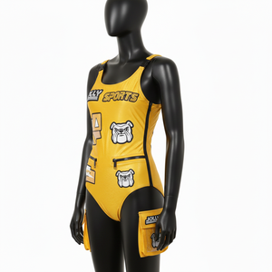 ชุดว่ายน้ำผ้าโพลีเอสเตอร์ผสมสแปนเด็กซ์พรีเมียม สีเหลือง ผ้าเนื้อยืด กระเป๋าซิป แผงผ้าปักโลโก้ตามสั่ง สำหรับผู้หญิง - Product Image 5