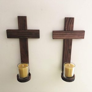 Support de bougie en bois artisanal écologique, design rustique chrétien, décoration spirituelle pour la maison, à fixer au mur - Product Image 3