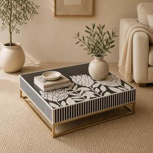 Handmade Modern Luxury Round American Style Bone Inlay <b>Coffee</b> <b>Table</b> with Blue <b>White</b> Pattern Durable & Washable Uttar Pradesh - Product Image 5