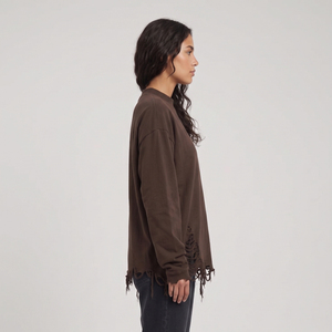 T-shirt à col montant et épaules tombantes pour femme, coupe oversize, ourlet déchiré, 100% coton, haut à manches longues style streetwear pour femme - Product Image 3