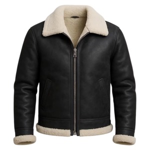 Men's Genuine <b>Leather</b> Shearling Biker <b>Jacket</b> With Faux Fur Lining Zipper Closure <b>Winter</b> Warmth Thick Moto Style - Product Image 3