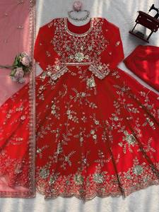 Luxury <b>Red</b> Georgette Anarkali Suit Heavy Gold <b>Sequin</b> & Zari Embroidery Bridal Gown 3-Piece Indian Wedding Party Wear Dress wear - Product Image 5
