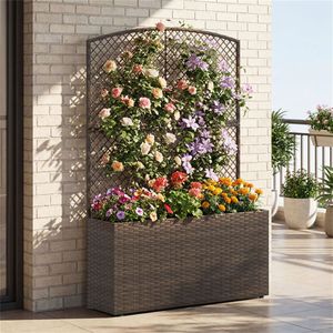 Jardinera Elevada Ajustable de Ratán PE Marrón con Enrejado y Caja de Plantación para Exteriores - Product Image 4