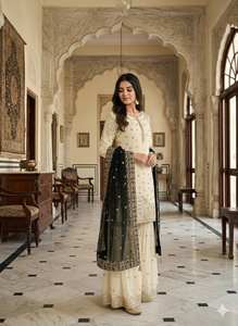 Ensemble de tenue de mariée élégante et festive – Kurta en soie Fendy brodée, Gharara élastique et Dupatta en tulle de créateur - Product Image 2