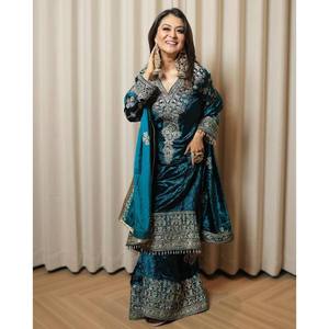 Ensemble haut et bas faits main de créateur avec dupatta pour tenue de soirée, taille XL, taille naturelle - Product Image 6