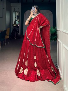 VISHNU K DESIGNS LAHENGA CHOLI GEORGETTE ESTAMPADO con encaje GPTTA PATTI y encaje GAMTHI MIROOR, traje largo hasta el suelo para fiesta - Product Image 3