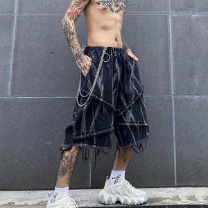 Pantalones Cortos de Algodón Rasgados de Cintura Alta para Hombre, Estilo Casual Urbano, Cintura Elástica, Aspecto Denim Tejido, Diseño Transpirable - Product Image 6