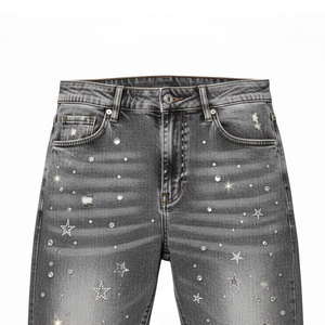 Men's Summer Casual Denim Shorts Solid Color <b>Washed</b> Rhinestone Embellishment Custom Logo Loose Fit Elastic Waist Latest Design - Product Image 3