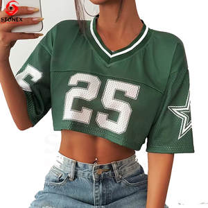 Camiseta deportiva personalizada de manga corta, estilo crop top oversize, jersey corto de fútbol americano, malla y poliéster, camiseta crop Dazzle para mujer - Product Image 1