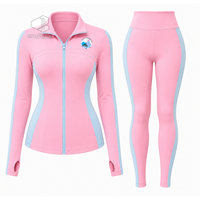 Ensemble de sport rose pour femme Jack And Jill Of America avec veste zippée intégrale et panneaux latéraux contrastants bleus, leggings taille haute, vêtements de sport