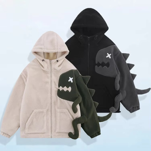 Veste polaire noire à capuche avec broderie appliquée motif dinosaure de dessin animé pour femme, style streetwear, épaisse, décontractée, pour l'hiver - Product Image 2